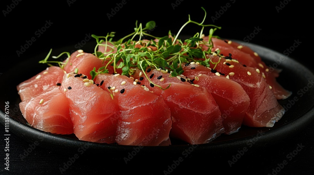 Elegant Presentation of Sashimi Tuna on Black Plate Elegant Presentation of Sashimi Tuna on Black Plate