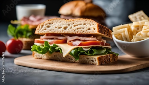 Close up of a delicious ham and cheese sandwich