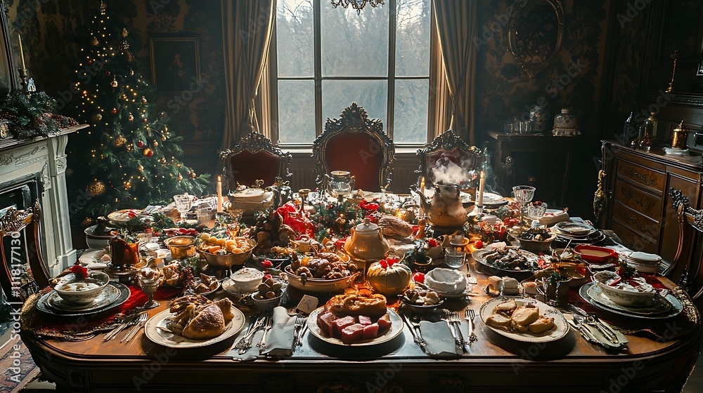 Christmas dinner spread in a maximalist Victorian-style room with vintage wallpaper and richly adorned furniture Christmas dinner spread in a maximalist Victorian-style room with vintage wallpaper and richly adorned furniture