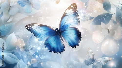 A dazzling array of butterflies in shades of royal blue, sapphire, and pale silver, set against a glowing, celestial background. 