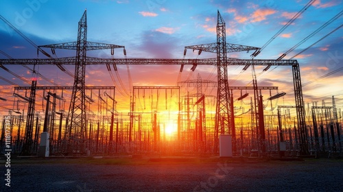 Power Grid at Sunset with Dramatic Sky Colors photo