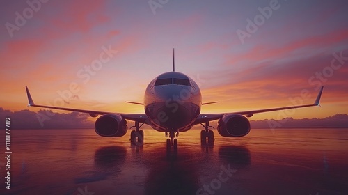 Airplane on runway at sunset. (1) photo