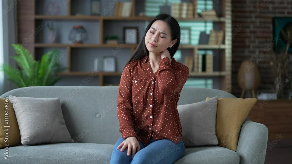 Tired young adult Asian woman suffering from neck pain while sitting on sofa in living room at home. Upset female in a shirt feels discomfort, massages and rubs sore muscles, stretches herself Tired young adult Asian woman suffering from neck pain while sitting on sofa in living room at home. Upset female in a shirt feels discomfort, massages and rubs sore muscles, stretches herself
