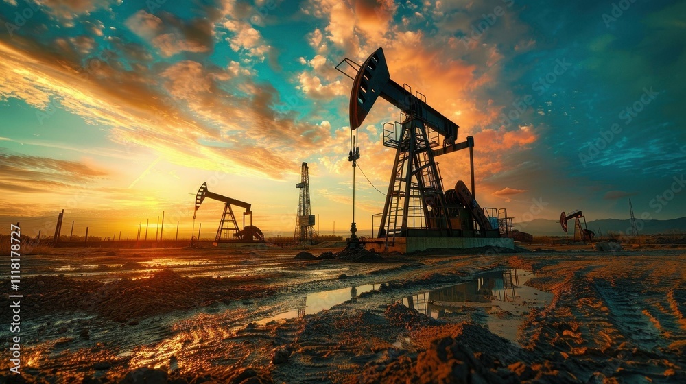 Oil Pumpjacks at Sunset: An Industry Landscape Oil Pumpjacks at Sunset: An Industry Landscape