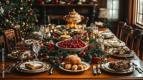 Maximalist dining table filled with traditional Christmas dishes surrounded by Victorian furniture and festive decorations