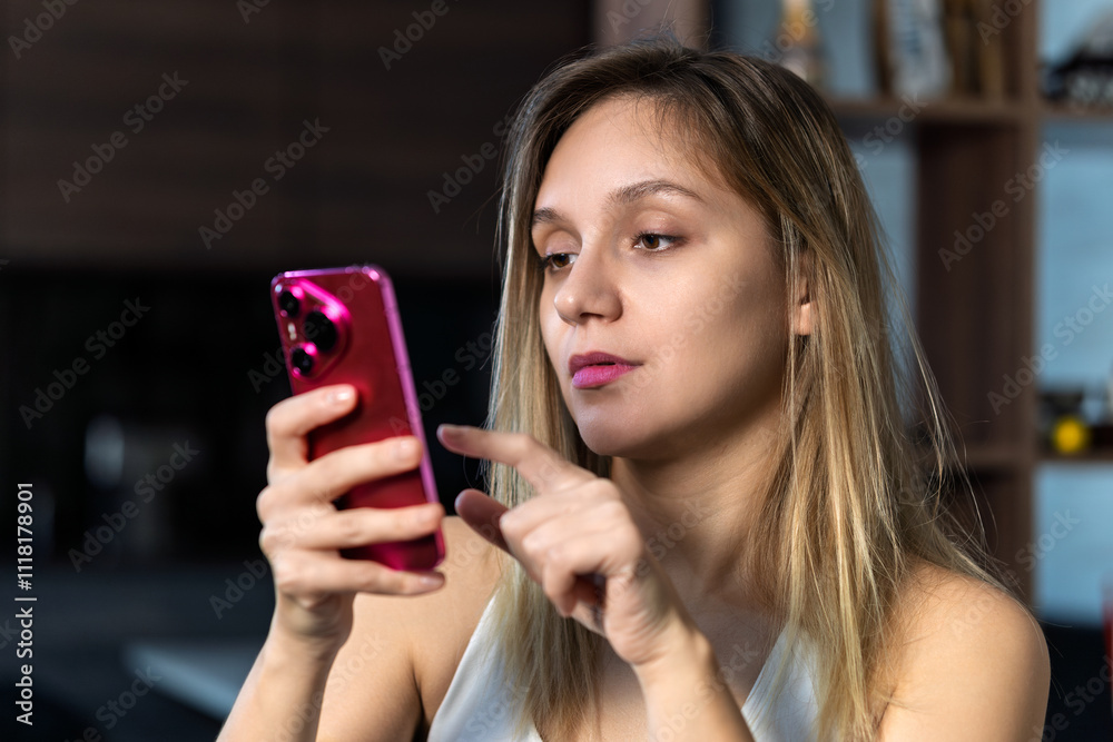 Front view portrait of a suspicious woman holding phone looking at you sitting on a sofa in the living room of a house interior Front view portrait of a suspicious woman holding phone looking at you sitting on a sofa in the living room of a house interior