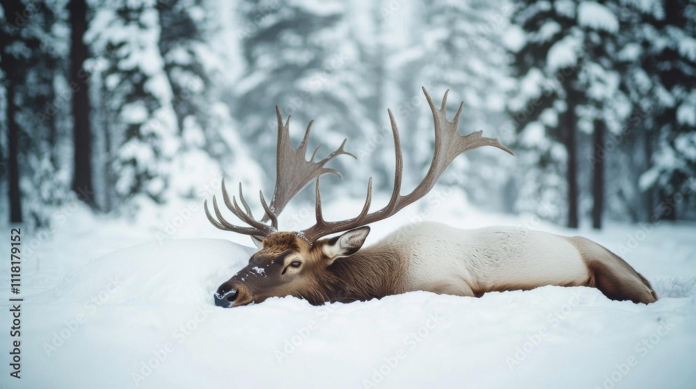 Elk bedded down in a snowcovered clearing under tall pines Elk bedded down in a snowcovered clearing under tall pines