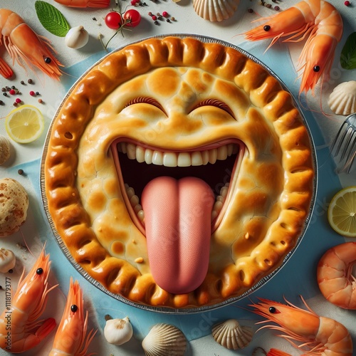 Pie and Shrimp A seafood pie with a tongue out surrounded by hol