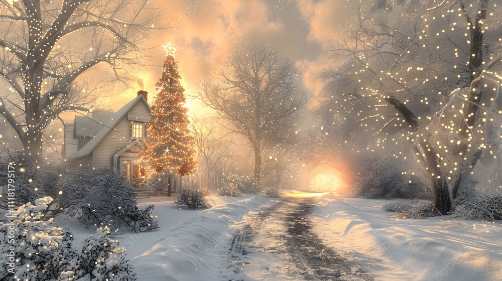 A snowy winter landscape with a cozy home and Christmas tree, bathed in warm golden light.