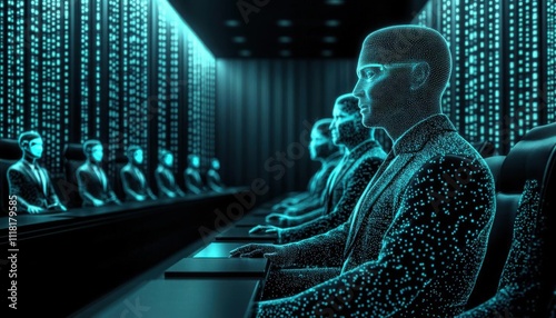 Futuristic courtroom with holographic witnesses and judges