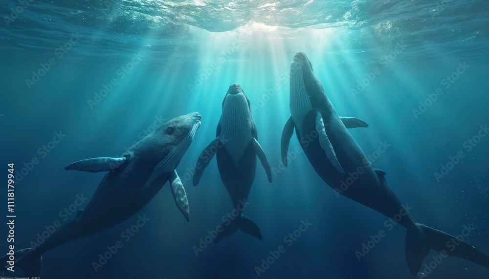 Obraz premium Three whales gracefully swim in triangular formation underwater. Fins pointed upwards. Whales appear to perform synchronized swimming routine. Sunlight shines from above. Underwater scene. Ocean
