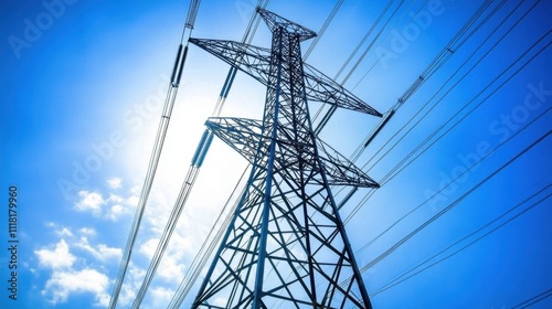 High Voltage Power Lines Against Blue Sky