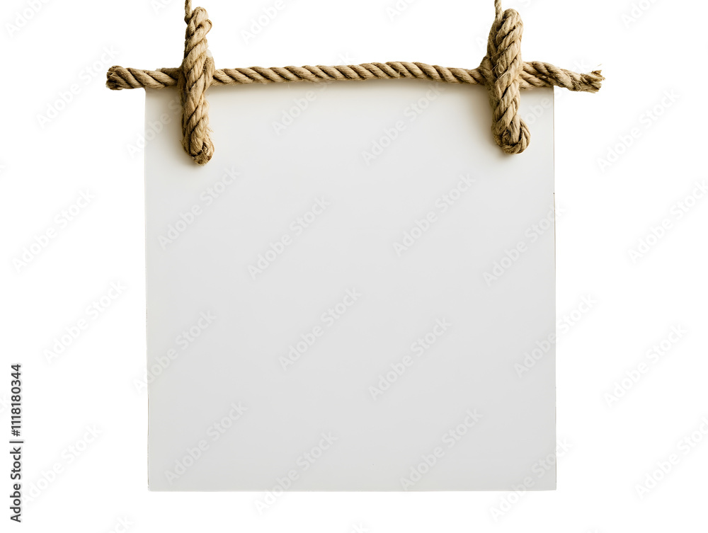 Blank White Sign Hanging with Rope on Black Background Blank White Sign Hanging with Rope on Black Background