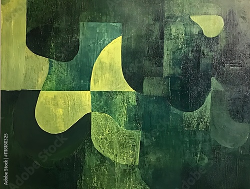 Abstract green artwork with layered shapes and textures. photo