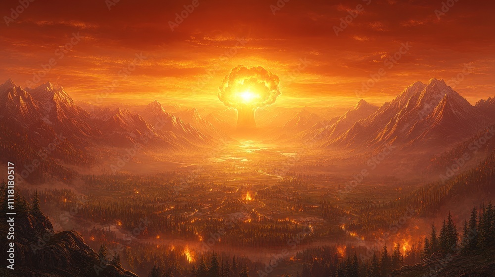 Obraz premium Apocalyptic landscape with a nuclear explosion over a valley filled with fire and destruction.