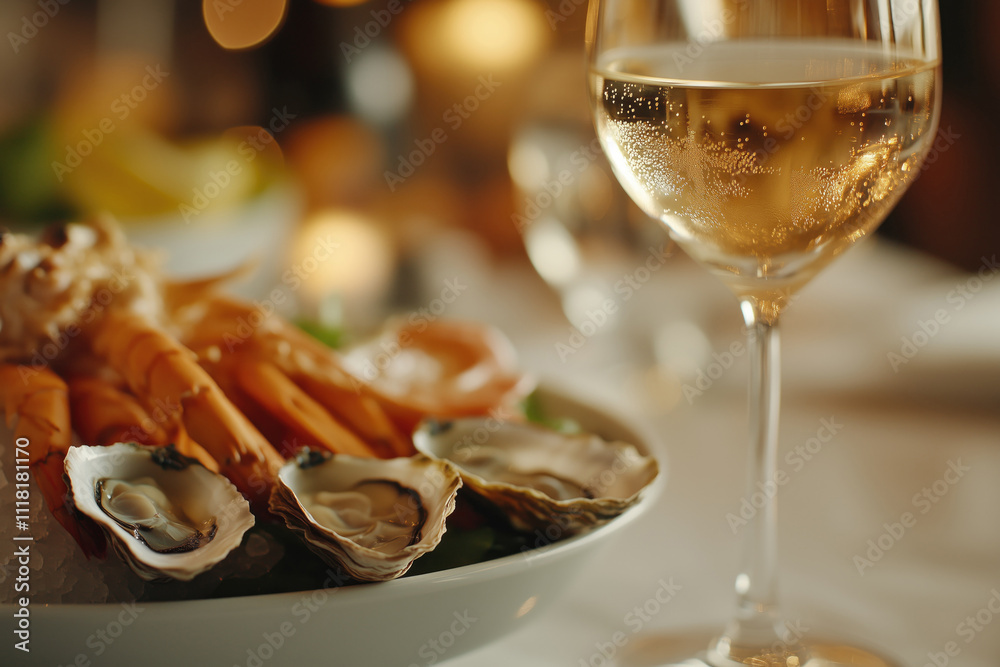 The seafood dish with glass of white wine. The seafood dish with glass of white wine.
