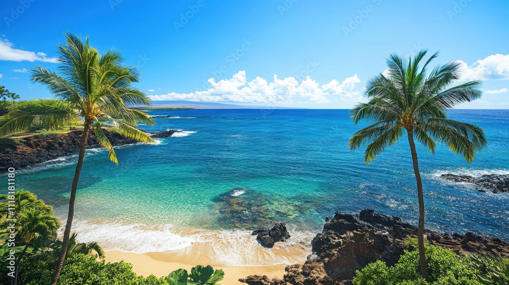 Naklejka premium Tropical beach paradise with crystal-clear water, lush palm trees, and vibrant blue sky.