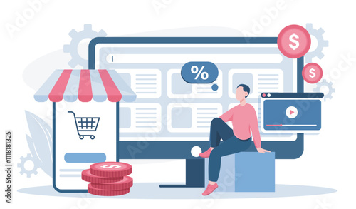 Online marketing strategy. Man sits near computer with online store. Electronic commerce and marketing. Internet advertising. Flat vector illustration