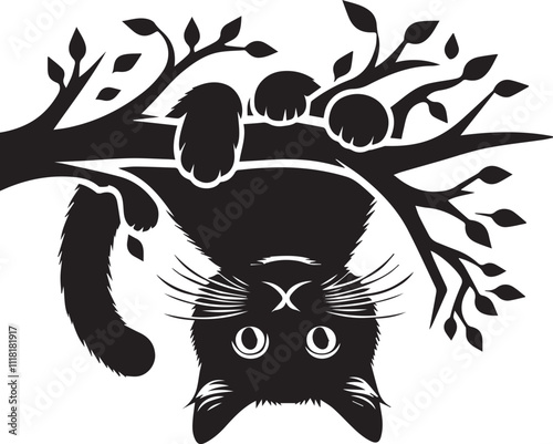 Cat peeking upside down from a tree branch black silhouette vector