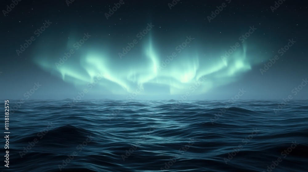 Aurora borealis over dark ocean at night. Aurora borealis over dark ocean at night.