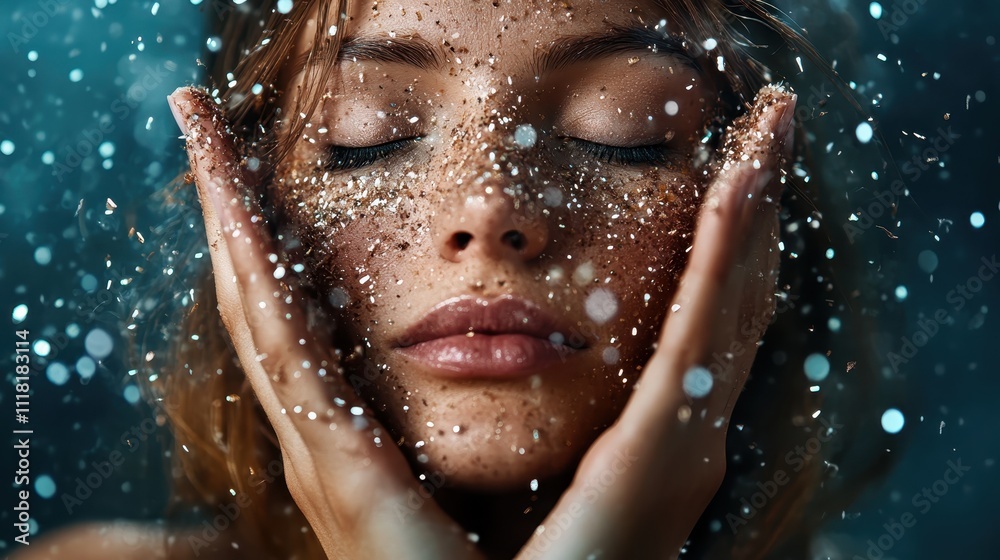 A close-up portrait of a face adorned with glittering particles, creating a dreamy, surreal effect that highlights beauty and elegance, invoking human emotion. A close-up portrait of a face adorned with glittering particles, creating a dreamy, surreal effect that highlights beauty and elegance, invoking human emotion.