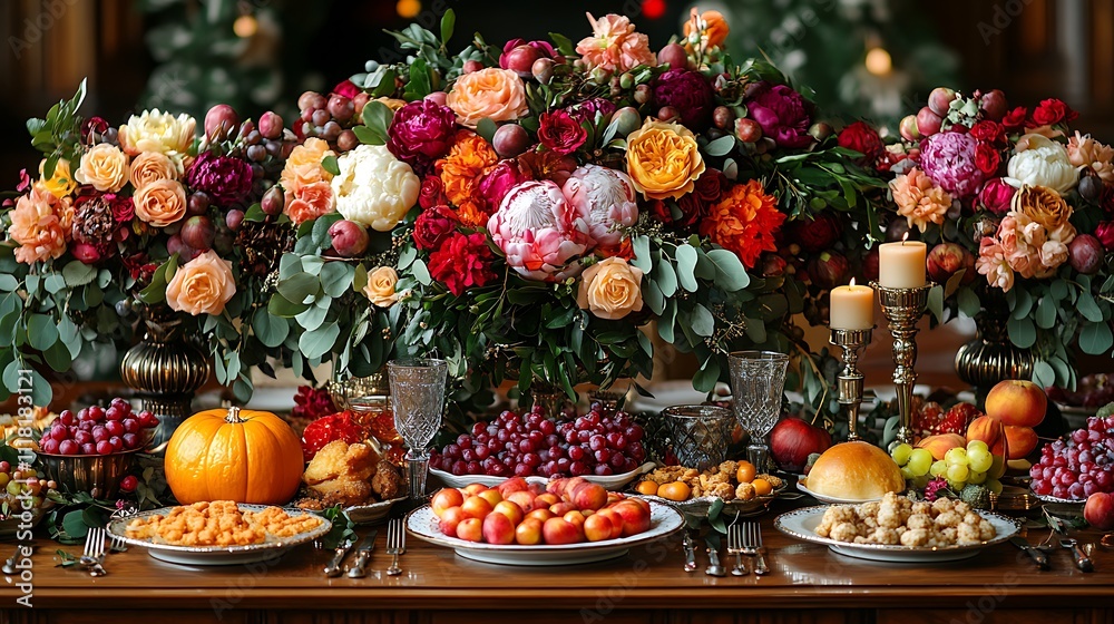 Flat design holiday dining table with maximalist Victorian decor showcasing vibrant food and grand floral arrangements Flat design holiday dining table with maximalist Victorian decor showcasing vibrant food and grand floral arrangements