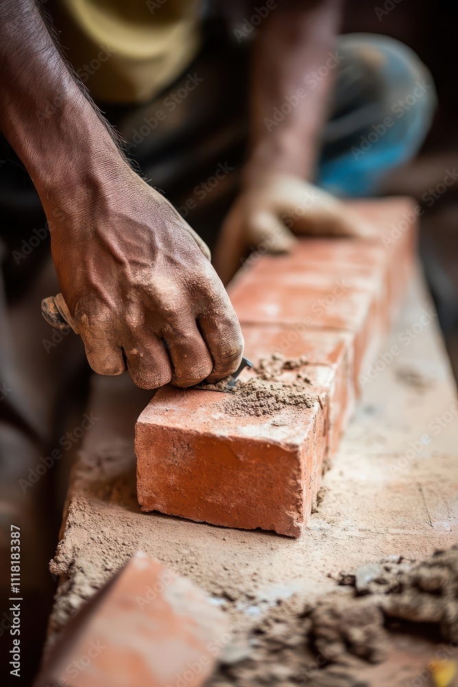 Skilled Craftsman Engaging in Traditional Brickwork Craftsmanship with Hand Tool and Raw Materials Skilled Craftsman Engaging in Traditional Brickwork Craftsmanship with Hand Tool and Raw Materials