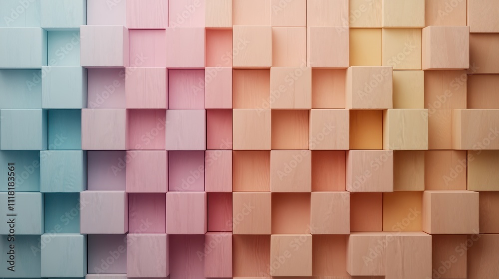 A beautiful array of pastel-colored 3D blocks arranged in a unique gradient pattern, seamlessly merging colors and forms to create a calming visual effect. A beautiful array of pastel-colored 3D blocks arranged in a unique gradient pattern, seamlessly merging colors and forms to create a calming visual effect.