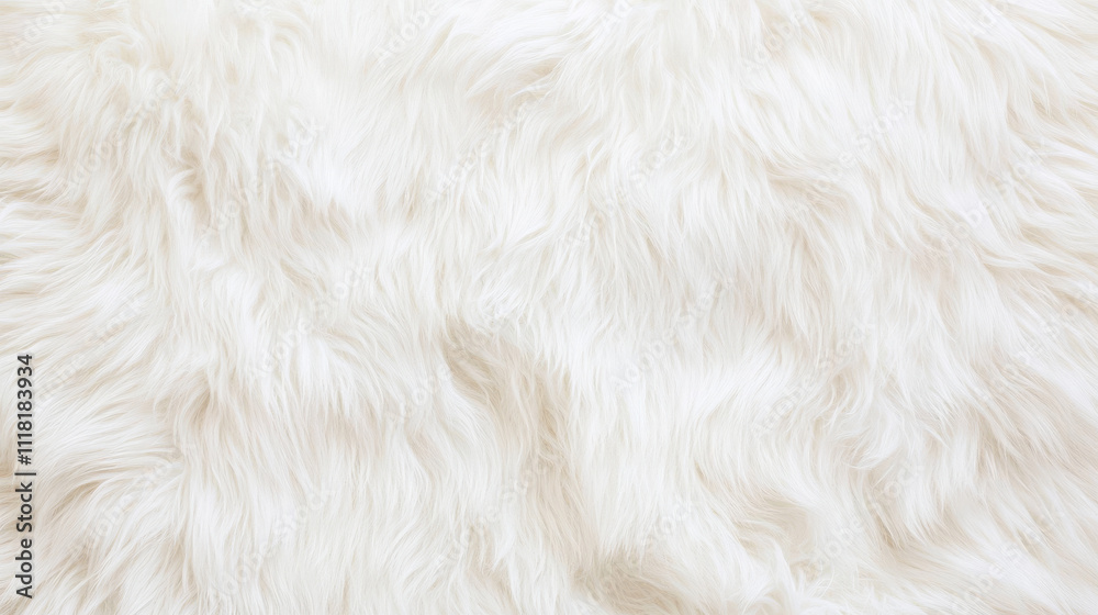 Soft, fluffy white fur texture creates cozy and inviting atmosphere, perfect for home decor or fashion applications. This luxurious material adds warmth and elegance to any setting