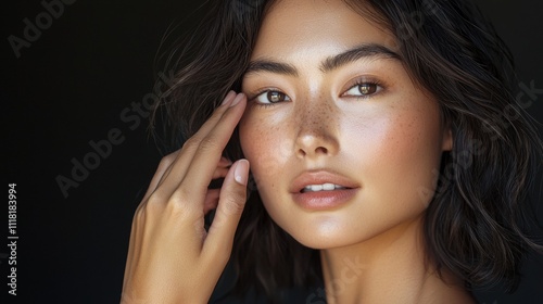 Natural portrait of an asian woman studio high fidelity warm lighting close-up minimal makeup