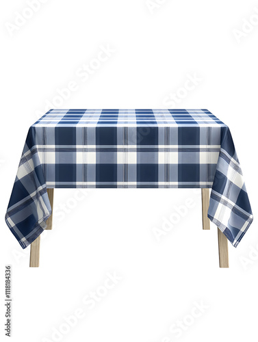 Blue and White Plaid Tablecloth on Wooden Table