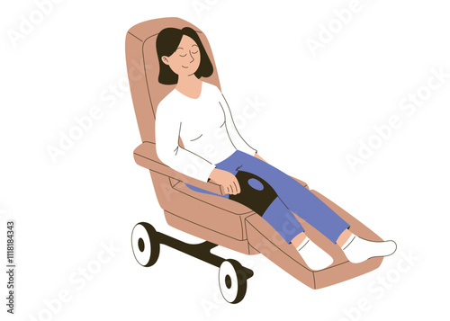 Woman patient sitting in medical chair for rehabilitation with knee brace. Vector isolated cartoon flat illustration.