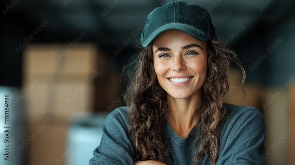 A content worker woman in a straw hat, smiling and relaxed in a storage facility with cardboard boxes, represents diligence and a positive work attitude. A content worker woman in a straw hat, smiling and relaxed in a storage facility with cardboard boxes, represents diligence and a positive work attitude.