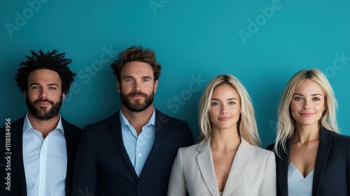 This diverse group of professionals poses in formal attire against a vibrant blue background, symbolizing cooperation and diverse teamwork in the modern workplace. photo