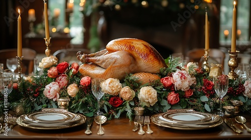 Victorian-inspired Christmas dinner table with golden candlesticks lush floral centerpieces and roasted turkey photo