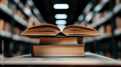 An open book rests on a table amid a dimly lit library corridor, creating an ambiance of mystery and scholarly pursuit harking back to timeless intellectual exploration. photo