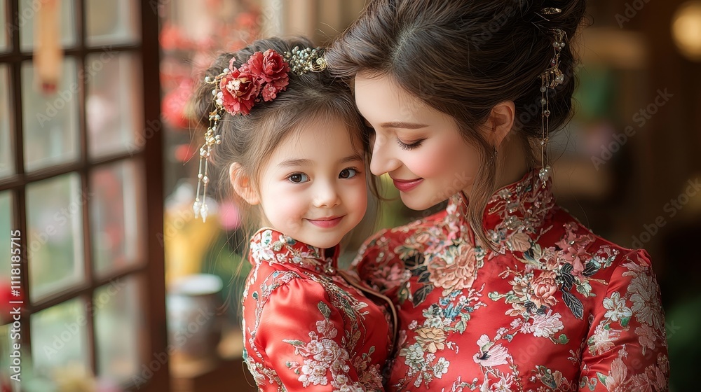 Mother and daughter posing together in traditional red outfits Mother and daughter posing together in traditional red outfits