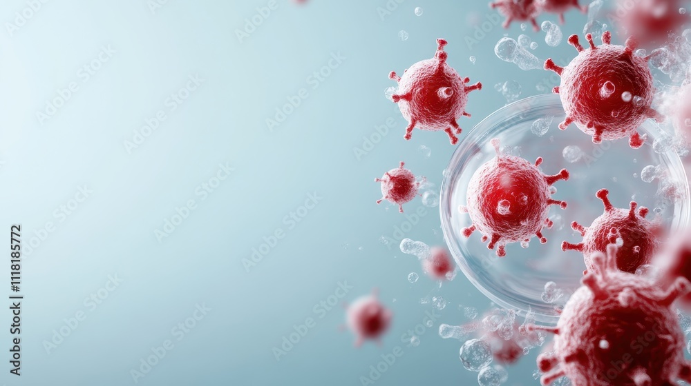 Several red virus-like spheres suspended in a transparent liquid bubble, surrounded by smaller bubbles, portray a vivid biological and microscopic scene on light blue. Several red virus-like spheres suspended in a transparent liquid bubble, surrounded by smaller bubbles, portray a vivid biological and microscopic scene on light blue.