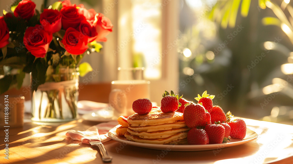 A Valentine's Day breakfast table with pancakes shaped like hearts, fresh strawberries, and a bouquet of red roses, sunlight streaming through the window. A Valentine's Day breakfast table with pancakes shaped like hearts, fresh strawberries, and a bouquet of red roses, sunlight streaming through the window.
