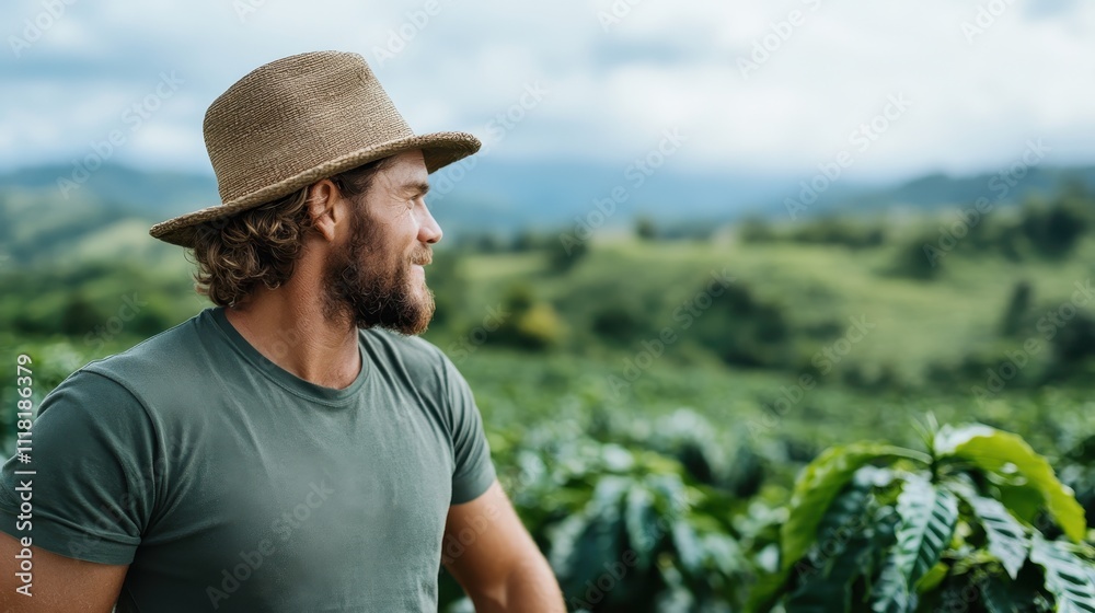 A man in a hat looks out over vast, rolling green fields in the countryside, conveying a feeling of freedom and a connection with the open natural landscape. A man in a hat looks out over vast, rolling green fields in the countryside, conveying a feeling of freedom and a connection with the open natural landscape.