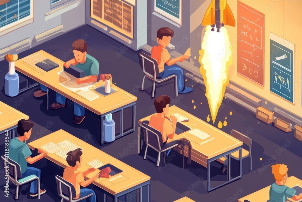 Classroom scene with students studying rocket science concepts. Classroom scene with students studying rocket science concepts.