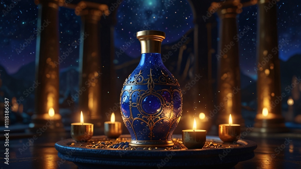 Mystical Potion Bottle with Stars, Gold Patterns, and Torches V3 Mystical Potion Bottle with Stars, Gold Patterns, and Torches V3