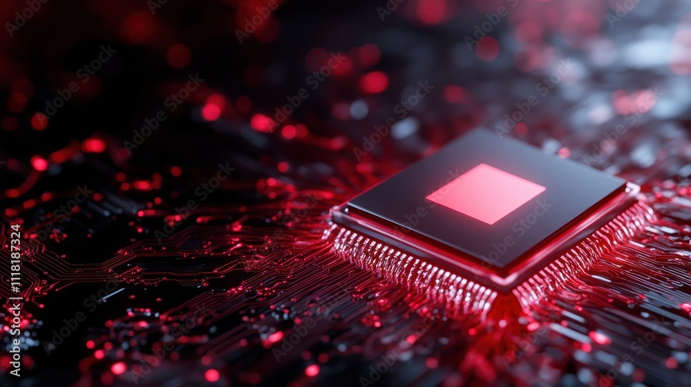 A modern microprocessor embedded in a vibrant red circuit board, showcasing the intricate design and complexity of cutting-edge high-tech electronic components.