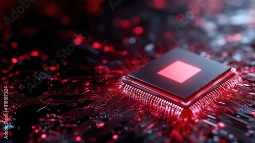 Obraz na płótnie A modern microprocessor embedded in a vibrant red circuit board, showcasing the intricate design and complexity of cutting-edge high-tech electronic components. w salonie