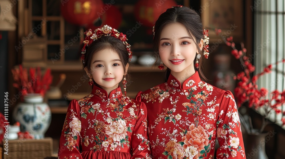 Mother and daughter in traditional red attire with floral patterns Mother and daughter in traditional red attire with floral patterns