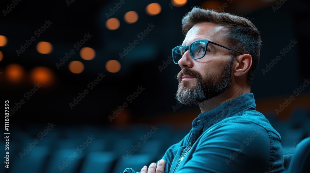 A bearded man wearing glasses, deep in thought, is seated in a dimly lit venue, arms crossed as he contemplates the subject or performance before him. A bearded man wearing glasses, deep in thought, is seated in a dimly lit venue, arms crossed as he contemplates the subject or performance before him.