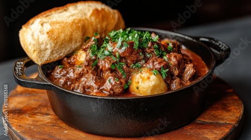 A rich beef stew with hearty potatoes in a dark sauce, garnished with fresh parsley and served with crusty bread, exemplifying a comforting, savory meal moment.