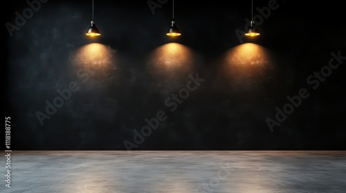 An industrial room showcases a polished concrete floor and black walls illuminated by three warm pendant lights overhead, creating an intimate ambiance.