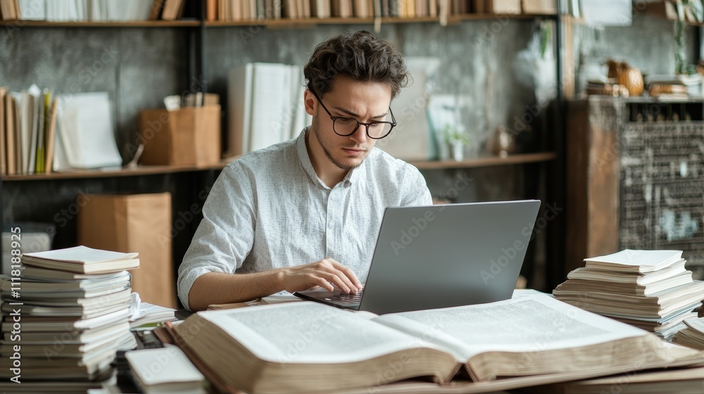 Intently Focused Historian Working at Table Surrounded by Open Books and Research Materials in a Cozy Environment Intently Focused Historian Working at Table Surrounded by Open Books and Research Materials in a Cozy Environment