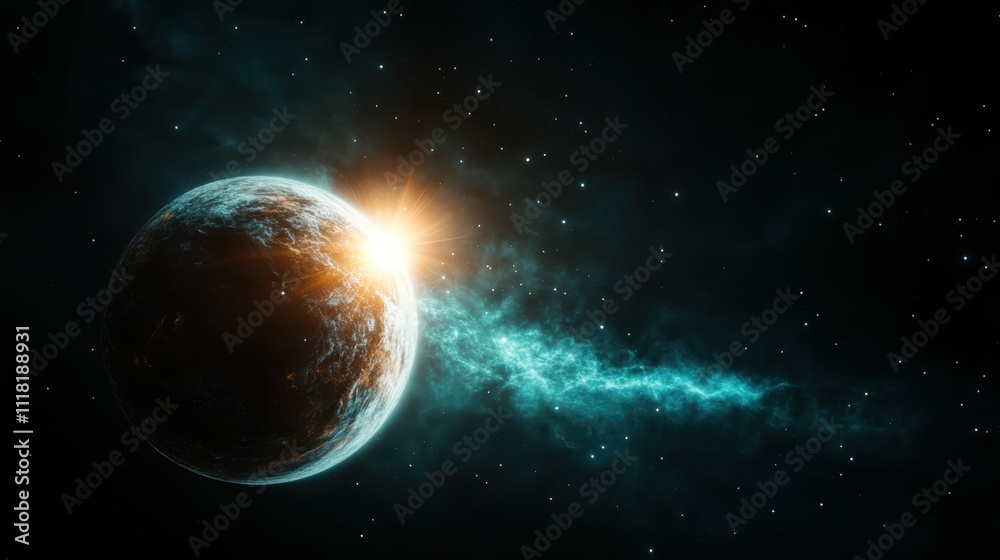 This awe-inspiring image captures a distant planet, beautifully illuminated by the bright glow of celestial light, with cosmic trails stretching elegantly through space. This awe-inspiring image captures a distant planet, beautifully illuminated by the bright glow of celestial light, with cosmic trails stretching elegantly through space.